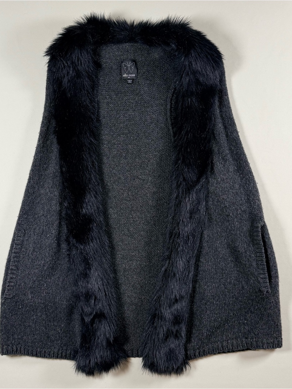 Ella Moss Faux Fur Trim Knit Vest M/L Gray Black Boho Western Mob Wife Glam